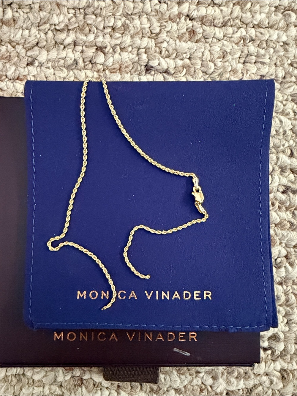 MONICA VINADER gold rope chain necklace on navy pouch. Broken.  Needs repair